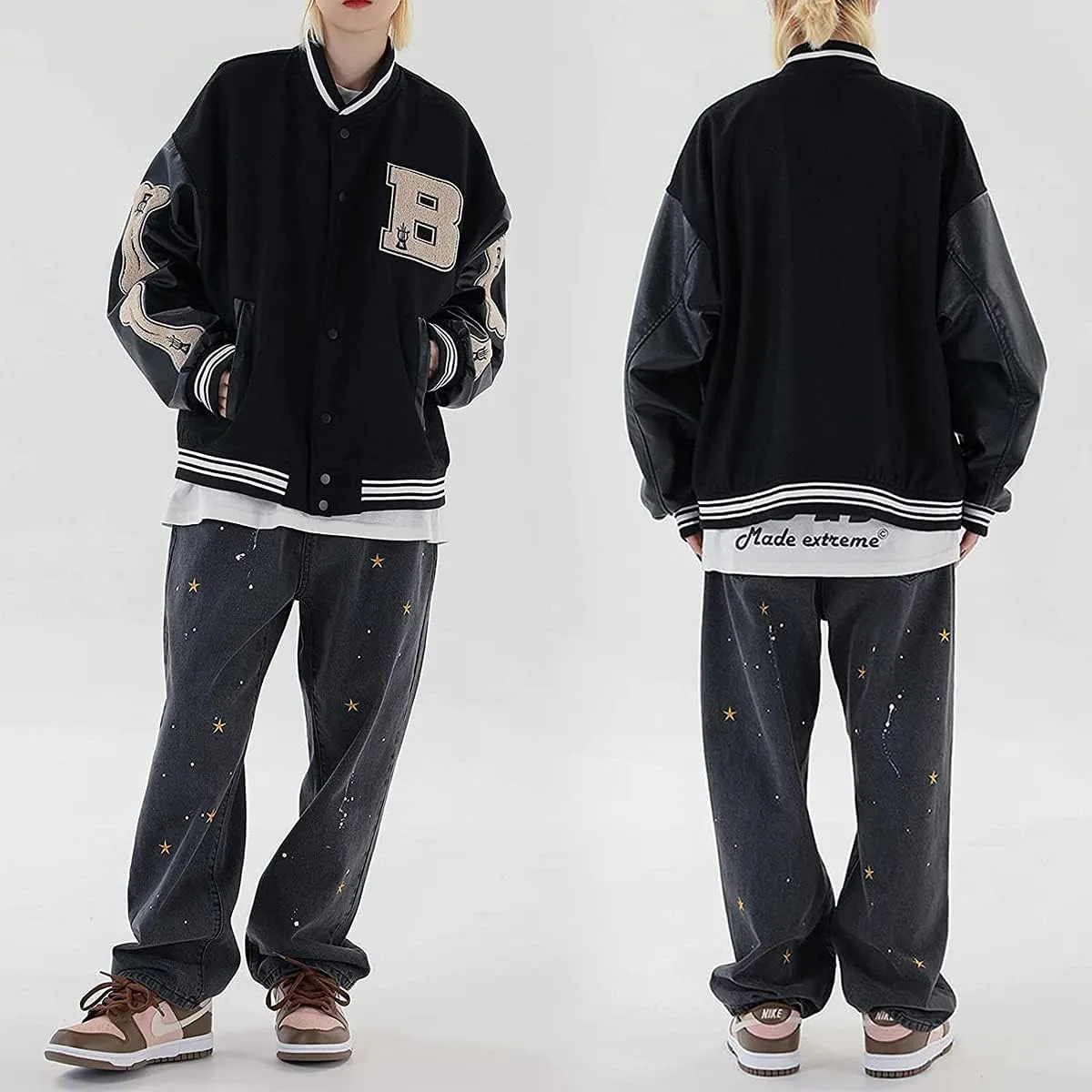 Mens Varsity College Jacket Baseball Bomber Jacket Vintage Sweatshirt Casual Unisex Streetwear Coats with Patch