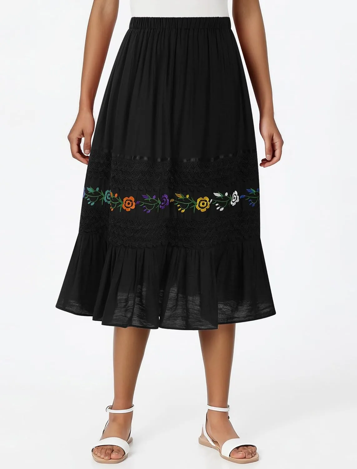Mexican Skirts for Women Lace Floral Embroidered High Waist Ruffle A-Line Midi Skirt Summer Casual Beach