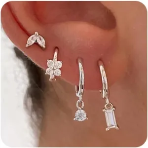 MIDEEO Stud Earrings for Women 14K Gold Plated Flat Back Stud Earrings Set for Multiple Piercing Lightweight Diamond Stud Hoop Hypoallergenic Earrings Gift for Her