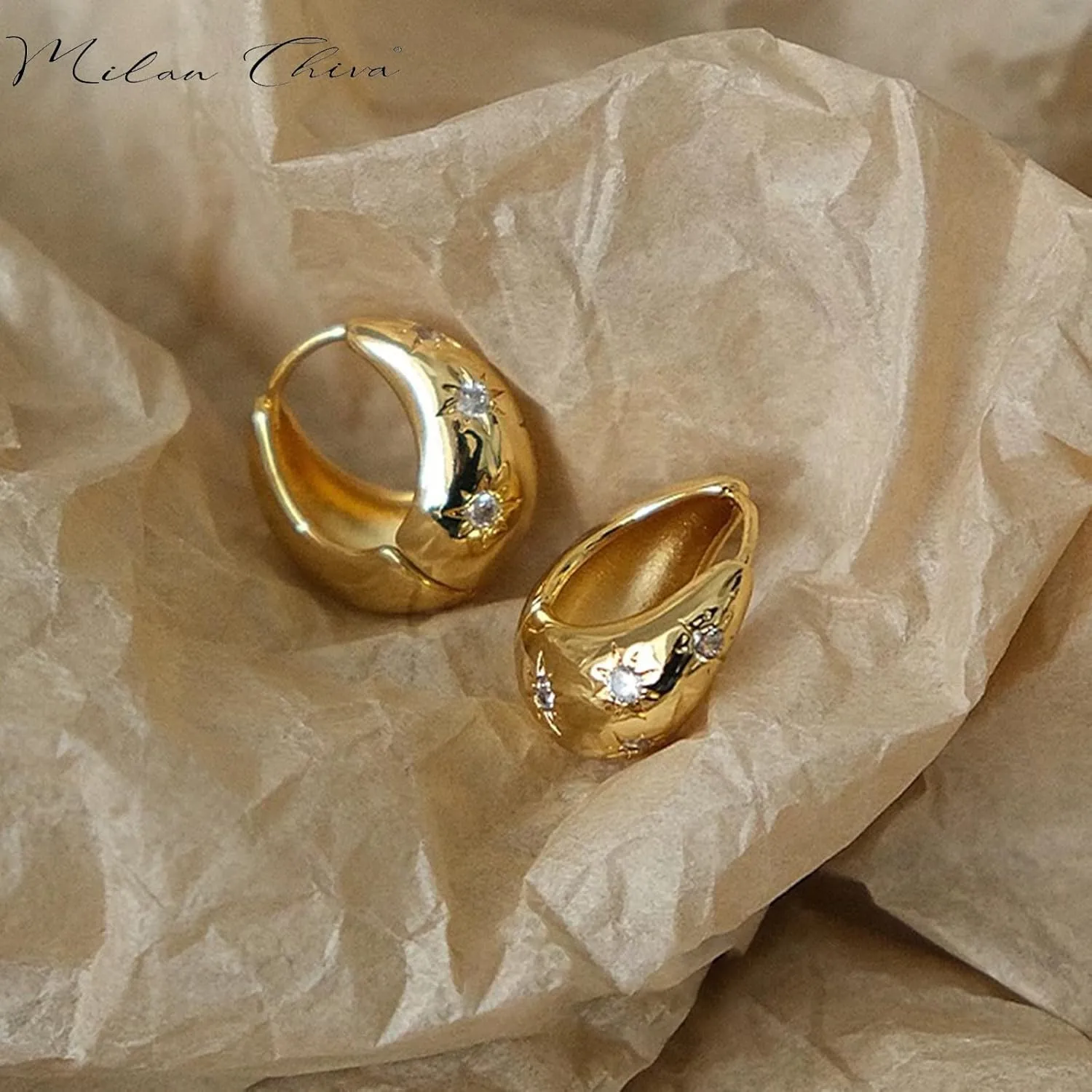 Milan Chiva Gold Plated Huggie Earrings for Women 14K Post Chunky Hoops Statement Looped Jewelry