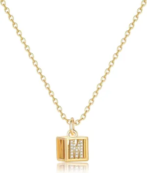 MJartoria 14K Gold Plated Cubic Zirconia Initial Necklace for Women, Geometric 3D Square Pendant A-Z Letter M Necklace, Dainty Gold Necklace for Women Jewelry Gifts