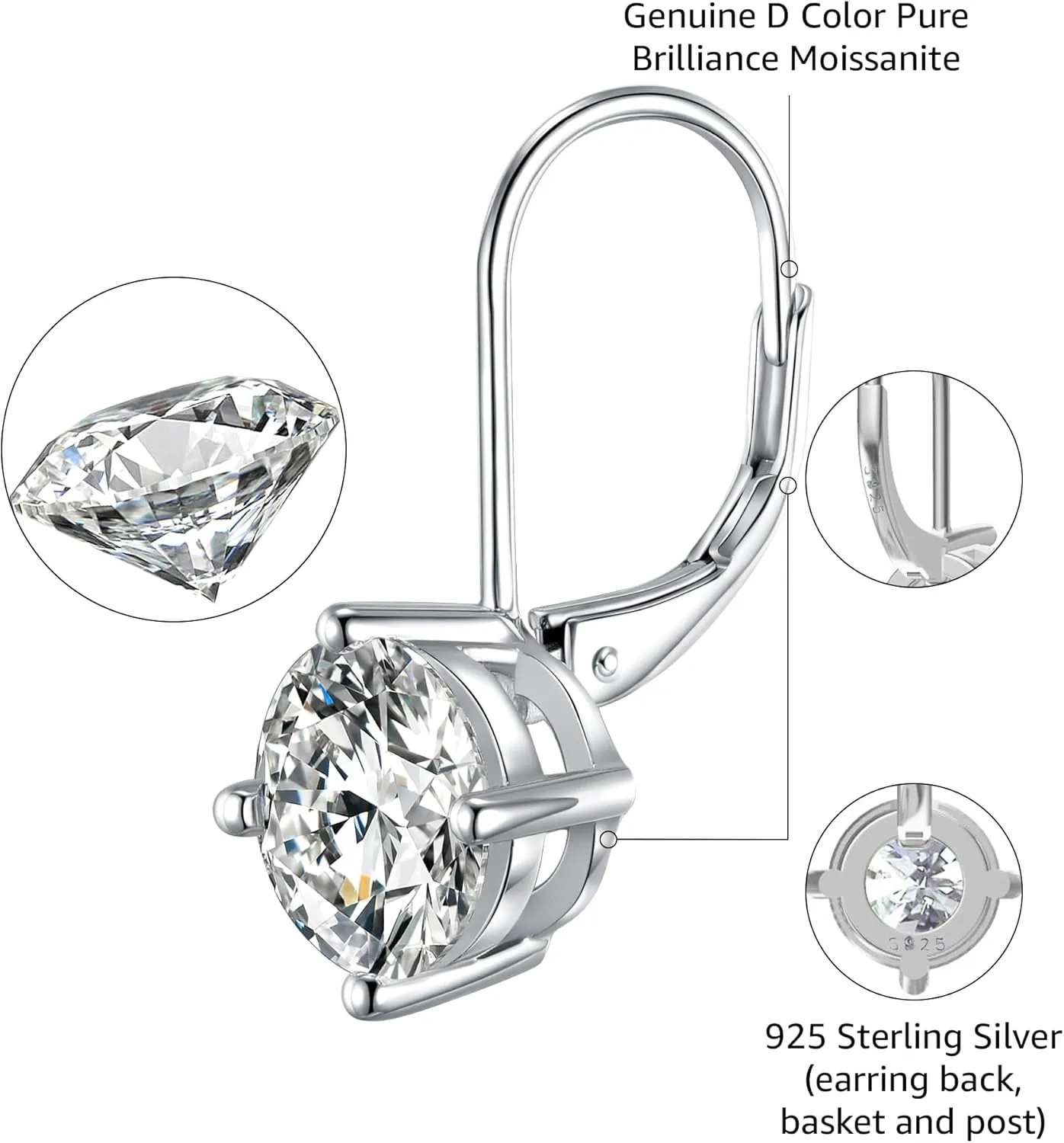 Moissanite Earrings, 925 Sterling Silver 18K White Gold Plating Earrings for Women Men (0.6-4ct)