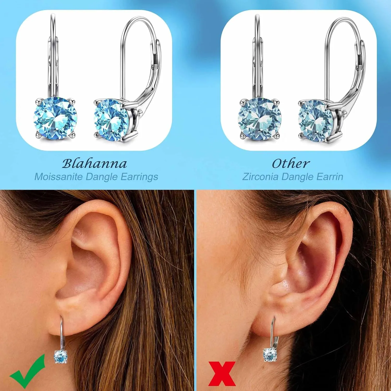 Moissanite Earrings,1.0ct-2.0ct D Color Brilliant Round Cut Lab Created Diamond Earrings 18K White Gold Plated Sterling Silver Dangle Earrings Moissanite Leverback Drop Earrings