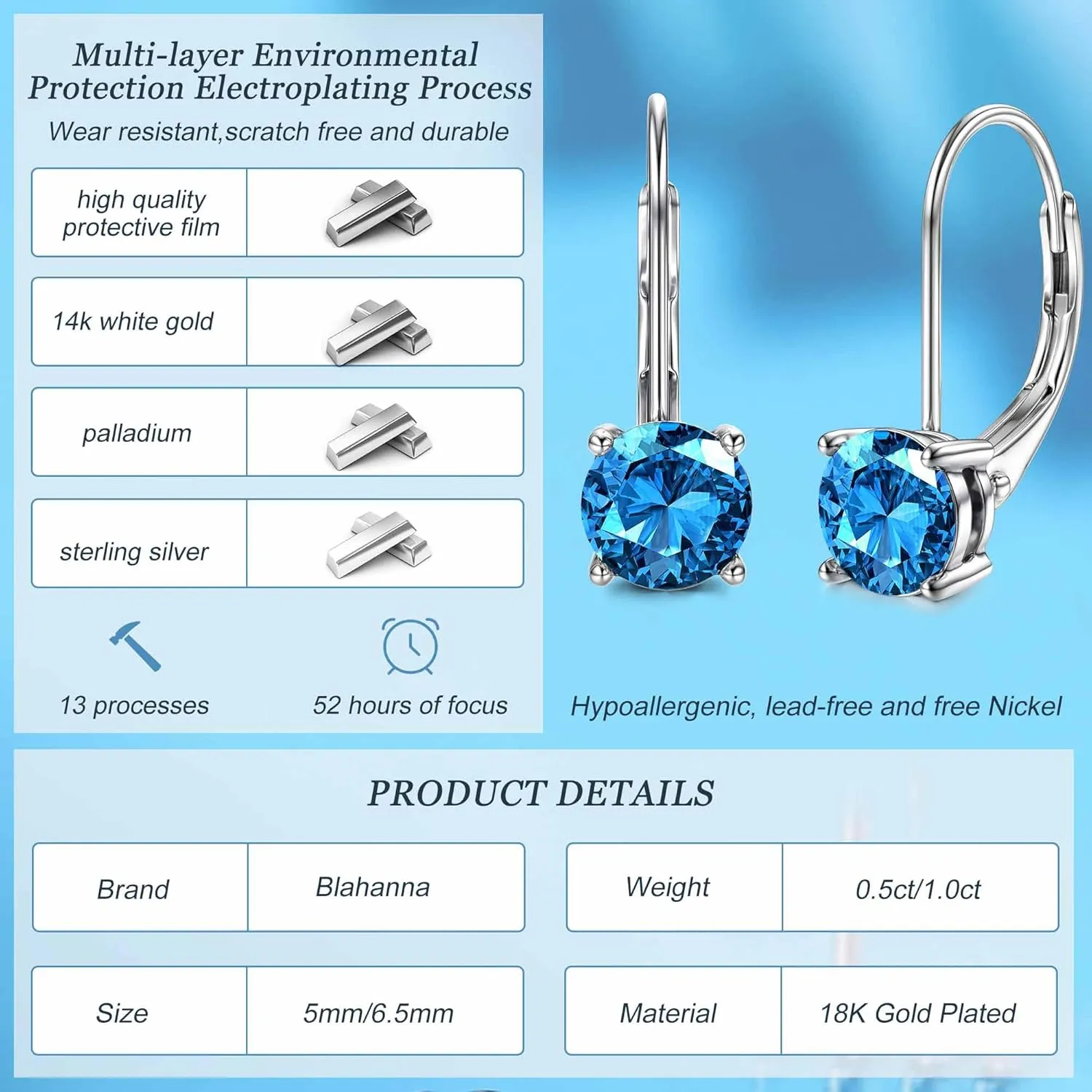 Moissanite Earrings,1.0ct-2.0ct D Color Brilliant Round Cut Lab Created Diamond Earrings 18K White Gold Plated Sterling Silver Dangle Earrings Moissanite Leverback Drop Earrings
