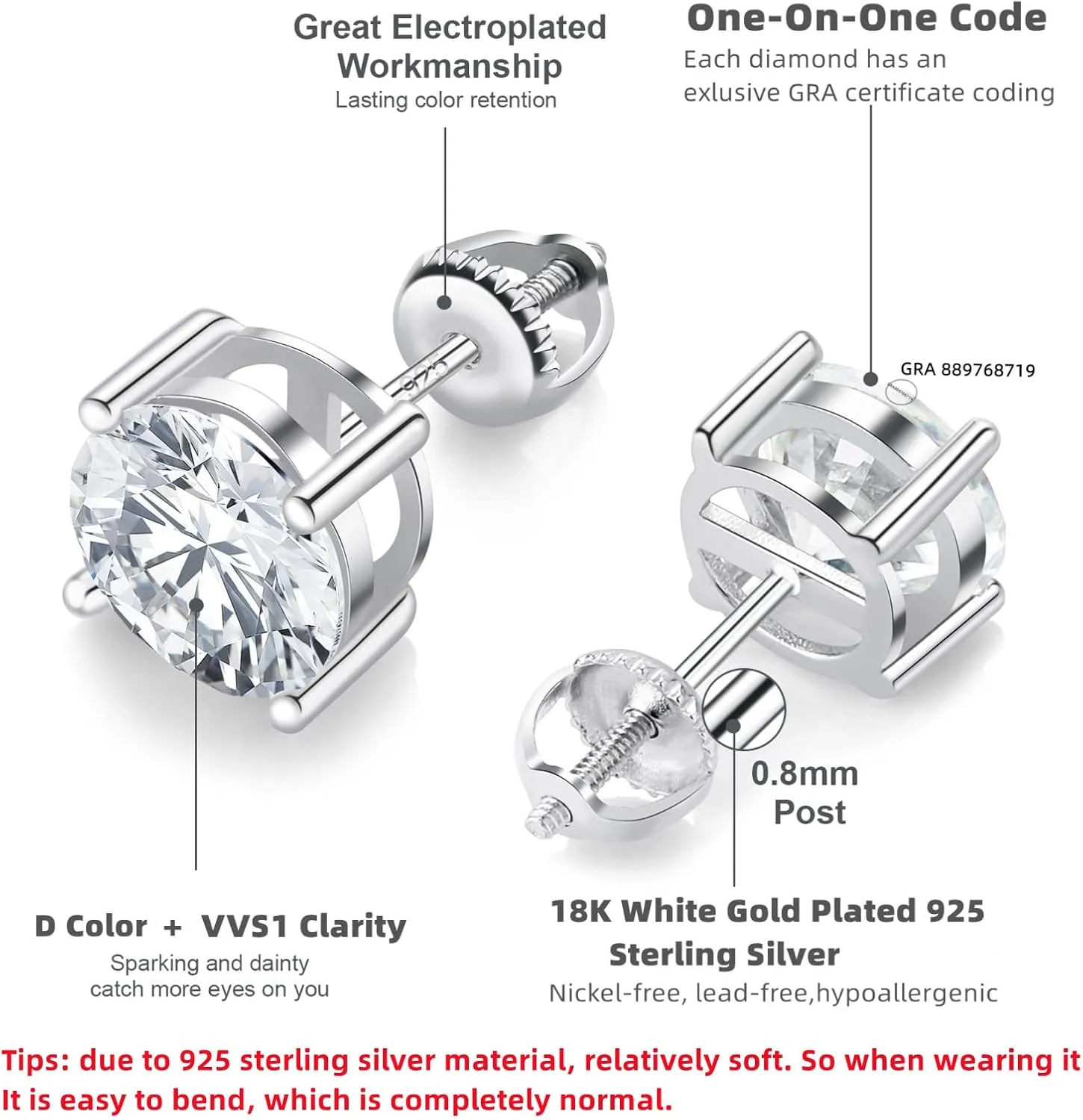 Moissanite Stud Earrings for Women Men 0.8CT-4Ct Jewelry Gift for Her Women Girlfriend, Anniversary Birthday Wedding Anniversay Gift for Wife Valentine Day Mothers Day Gifts, Christmas Gifts