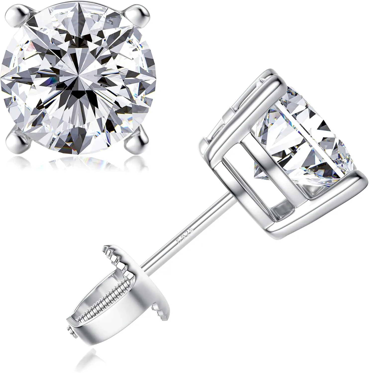 Moissanite Stud Earrings, Screw Back 18K White Gold Plated 925 Sterling Silver Earring Moissanite Diamond Earrings Studs for Women Men 0.6ct-3.0ct