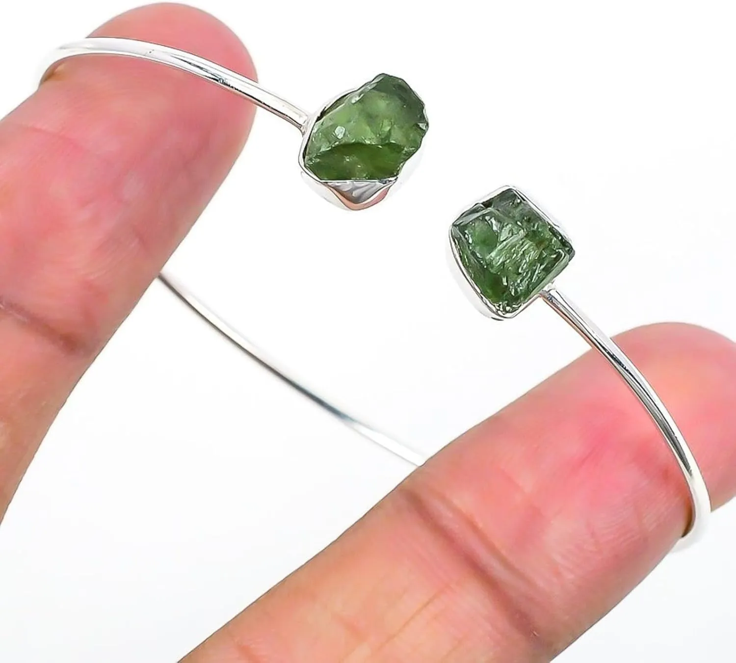 Moldavite Adjustable Cuff Bracelet, 100% Natural Gemstone Certified, 925 Sterling Silver, Handmade Jewelry