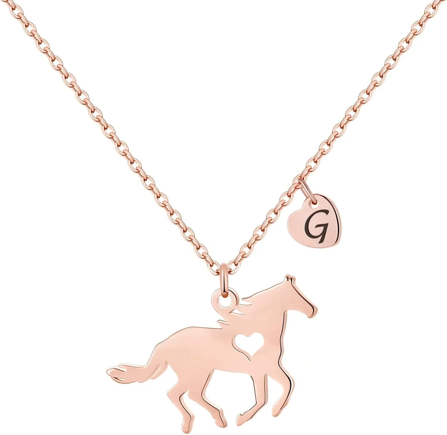 MONOOC Horse Necklace for Girls - Dainty Pendant Heart 26 Initial Jewelry for Women, Kids, Horse Lovers