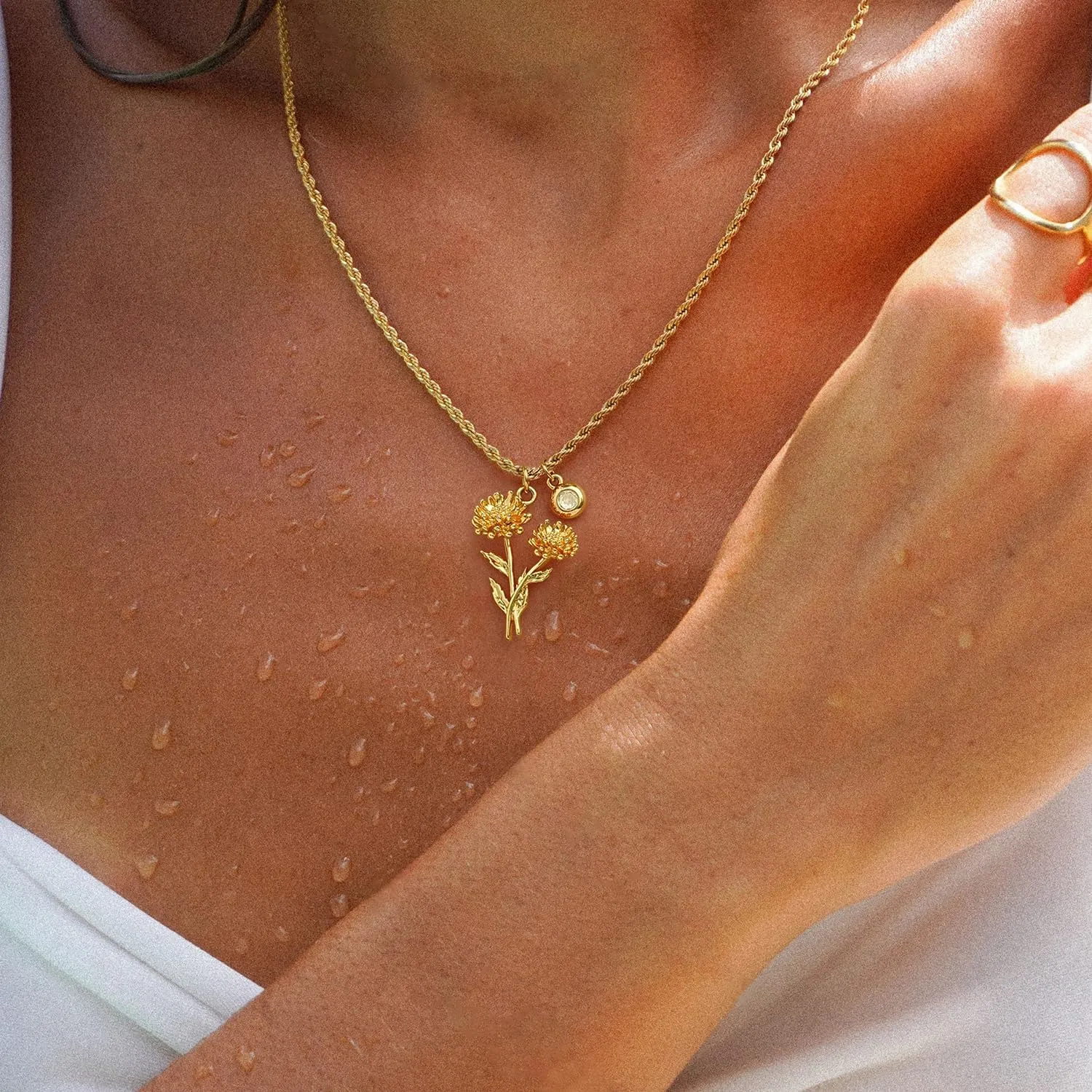 MYEARS Women Birth Flower Necklace Gold Birthstone 12 Month Bouquet Pendant Floral 18K Gold Vacuum Filled 2MM Twist Rope Chain Personalized Jewelry Birthday