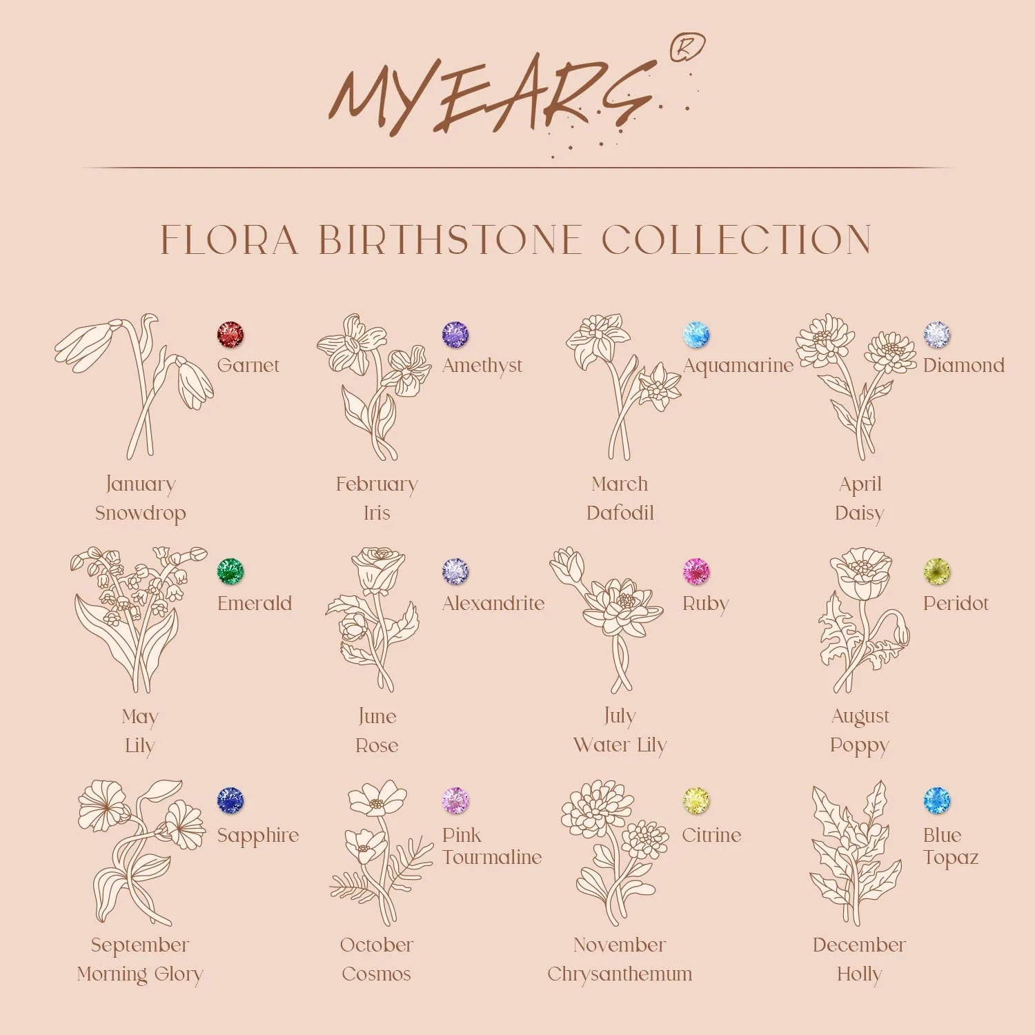 MYEARS Women Birth Flower Necklace Gold Birthstone 12 Month Bouquet Pendant Floral 18K Gold Vacuum Filled 2MM Twist Rope Chain Personalized Jewelry Birthday