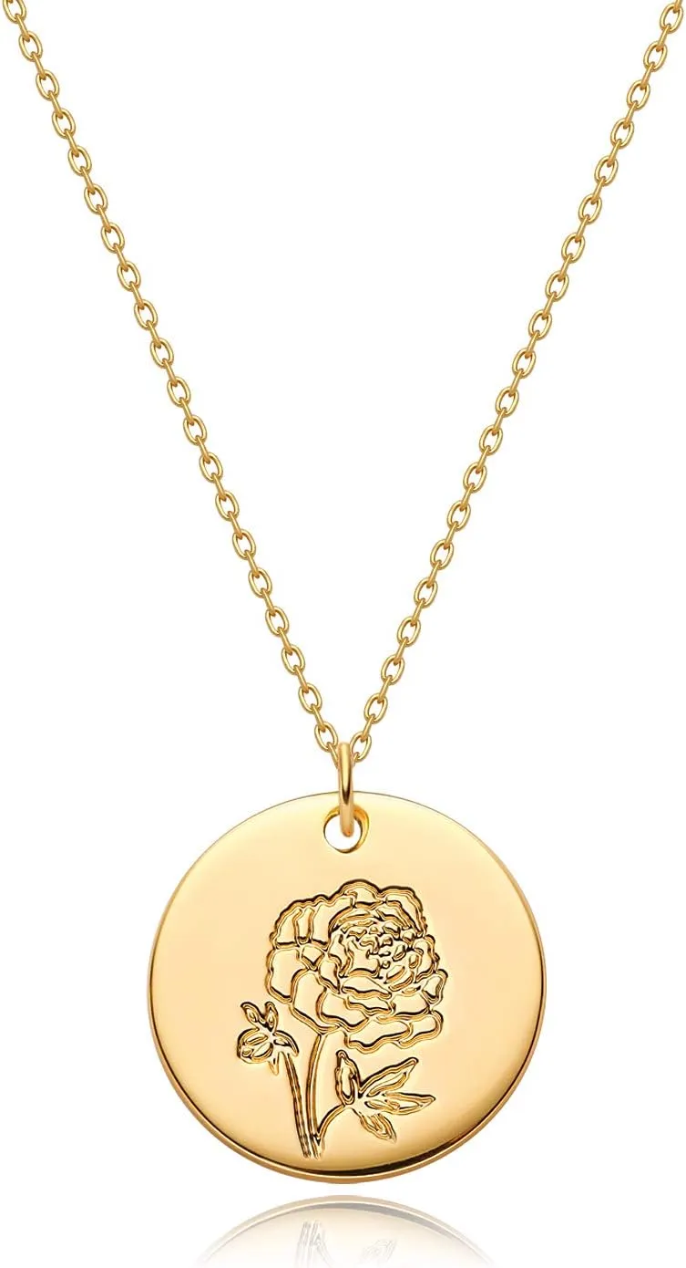 MYEARS Women Birth Flower Necklace Gold Coin Engraved Disc 12 Month Flower Bouquet Pendant 14K Gold Plated Dainty Chain Personalized Floral Jewelry Birthday Gift