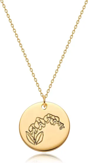 MYEARS Women Birth Flower Necklace Gold Coin Engraved Disc 12 Month Flower Bouquet Pendant 14K Gold Plated Dainty Chain Personalized Floral Jewelry Birthday Gift
