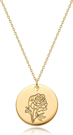 MYEARS Women Birth Flower Necklace Gold Coin Engraved Disc 12 Month Flower Bouquet Pendant 14K Gold Plated Dainty Chain Personalized Floral Jewelry Birthday Gift