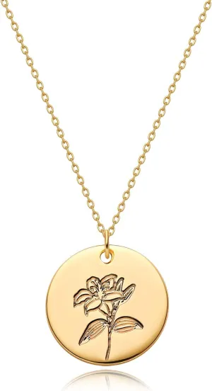 MYEARS Women Birth Flower Necklace Gold Coin Engraved Disc 12 Month Flower Bouquet Pendant 14K Gold Plated Dainty Chain Personalized Floral Jewelry Birthday Gift