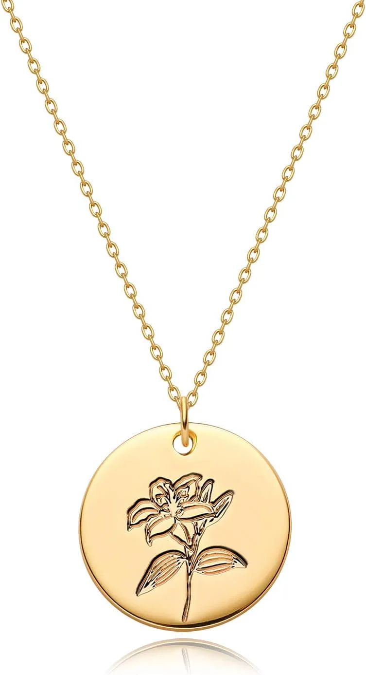 MYEARS Women Birth Flower Necklace Gold Coin Engraved Disc 12 Month Flower Bouquet Pendant 14K Gold Plated Dainty Chain Personalized Floral Jewelry Birthday Gift