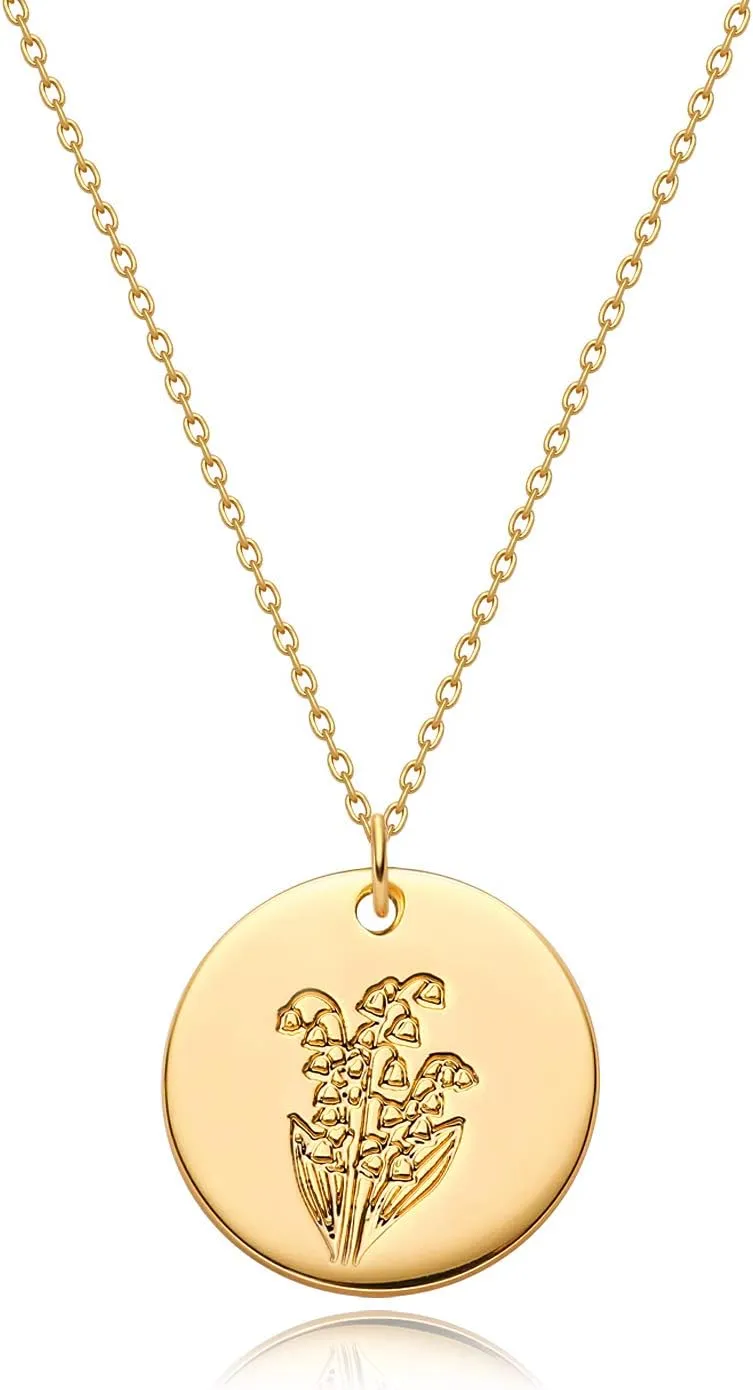 MYEARS Women Birth Flower Necklace Gold Coin Engraved Disc 12 Month Flower Bouquet Pendant 14K Gold Plated Dainty Chain Personalized Floral Jewelry Birthday Gift