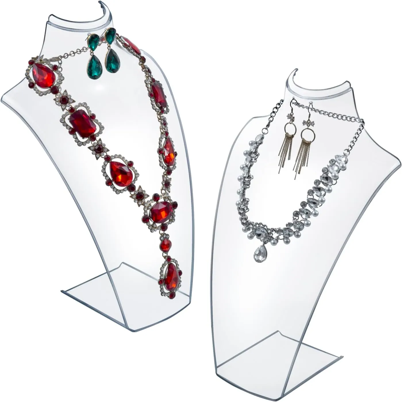 MyGift 12 Inch Clear Acrylic Necklace and Earring 3D Bust Jewelry Display Stand, Tabletop Neck Form Base Chain Holder for Home or Retail Showcase, Set of 2