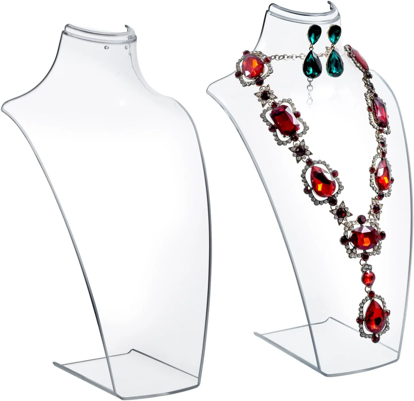MyGift 12 Inch Clear Acrylic Necklace and Earring 3D Bust Jewelry Display Stand, Tabletop Neck Form Base Chain Holder for Home or Retail Showcase, Set of 2
