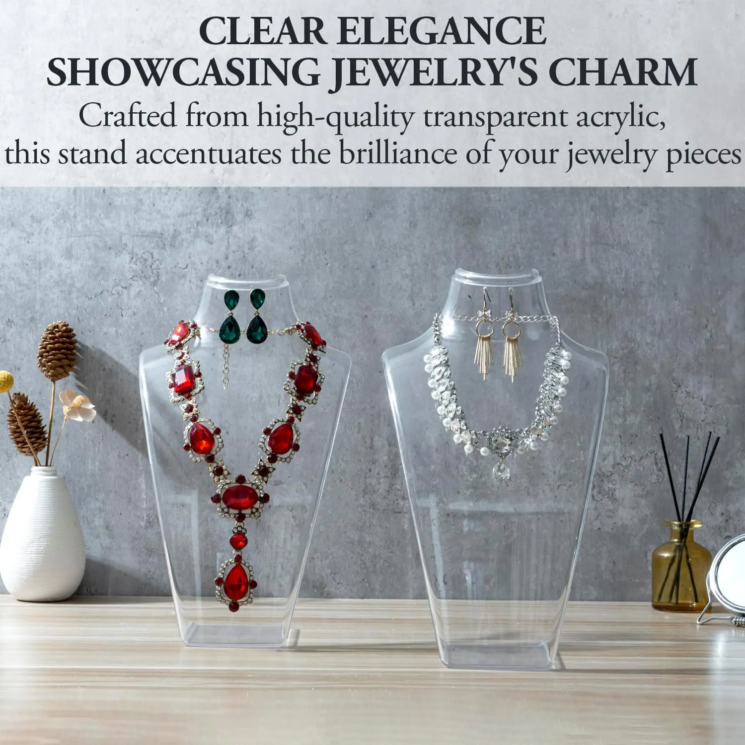 MyGift 12 Inch Clear Acrylic Necklace and Earring 3D Bust Jewelry Display Stand, Tabletop Neck Form Base Chain Holder for Home or Retail Showcase, Set of 2
