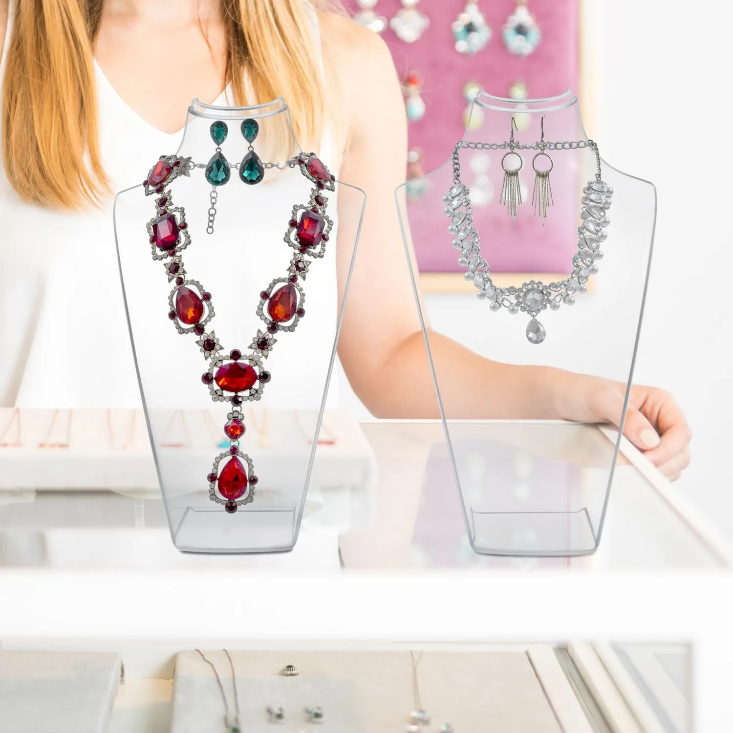 MyGift 12 Inch Clear Acrylic Necklace and Earring 3D Bust Jewelry Display Stand, Tabletop Neck Form Base Chain Holder for Home or Retail Showcase, Set of 2