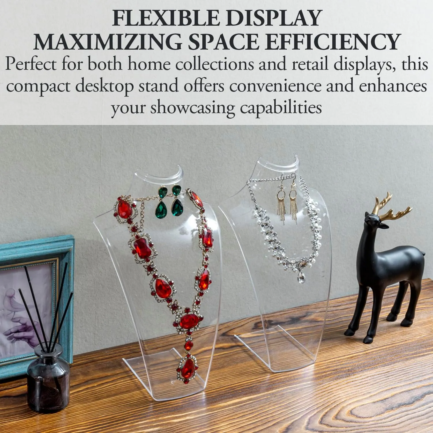 MyGift 12 Inch Clear Acrylic Necklace and Earring 3D Bust Jewelry Display Stand, Tabletop Neck Form Base Chain Holder for Home or Retail Showcase, Set of 2