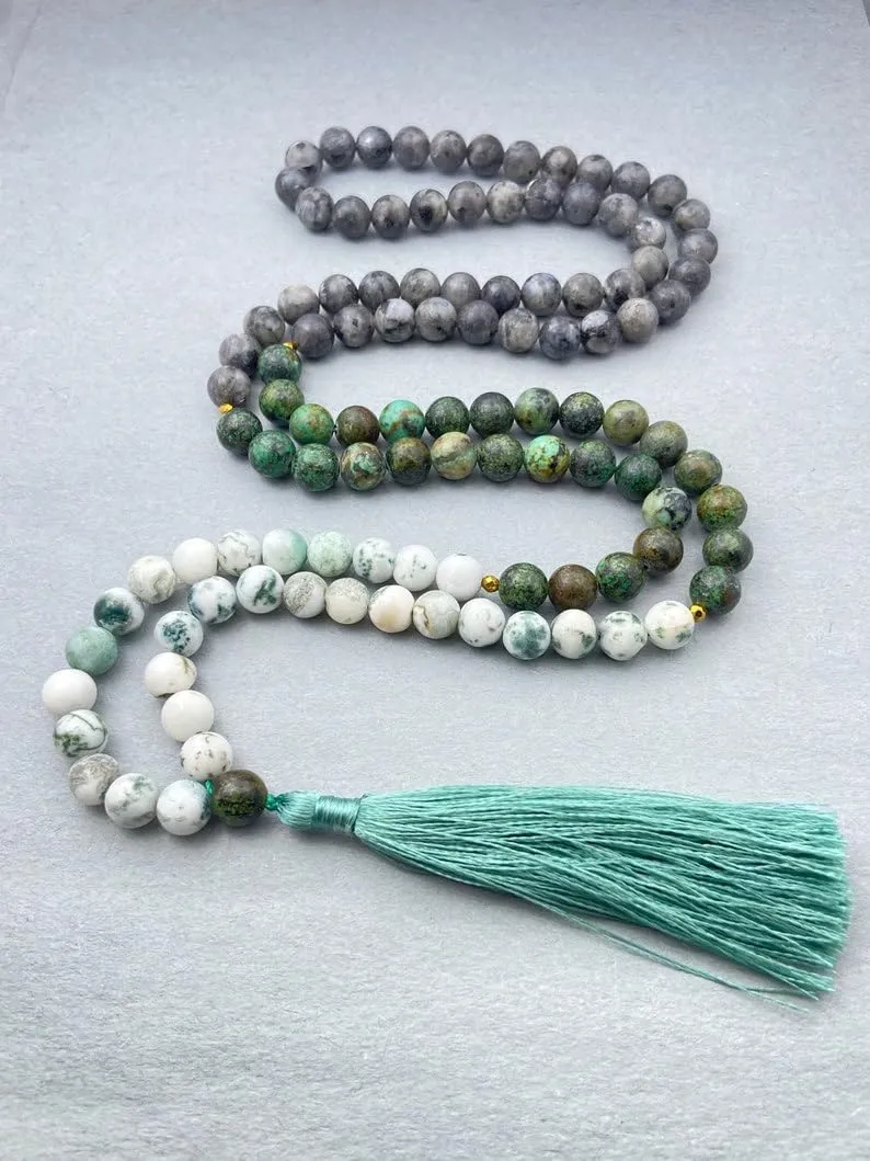 Natural African Turquoise, Larvikite & Agate 8mm 108 Mala Beads, Spiritual, Meditation Beads, Reiki, Japa Mala, Buddhist Prayer Beads, Yoga Bracelet, healing beads LKMALA-RRGU-3614