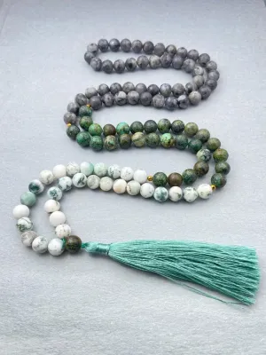 Natural African Turquoise, Larvikite & Agate 8mm 108 Mala Beads, Spiritual, Meditation Beads, Reiki, Japa Mala, Buddhist Prayer Beads, Yoga Bracelet, healing beads LKMALA-RRGU-3614