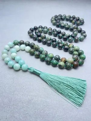 Natural Amazonite, African Turquoise & Kambaba Jasper 8mm 108 Mala Beads, Spiritual, Meditation Beads, Reiki, Japa Mala, Buddhist Prayer Beads, Yoga Bracelet, healing beads LKMALA-RRGU-3650