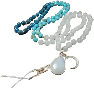 Natural Blue Kyanite, Blue Turquoise, Rainbow Moonstone 8mm 108 Mala Beads, Spiritual, Meditation Beads, Reiki, Japa Mala, Buddhist Prayer Beads, Yoga Bracelet, healing beads LKMALA-RRGU-1498