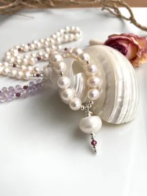 Natural freshwater pearls white and amethyst 6mm 108 Mala Beads, Spiritual, Meditation Beads, Reiki, Japa Mala, Buddhist Prayer Beads, Yoga Bracelet, healing beads LKMALA-RRGU-3455
