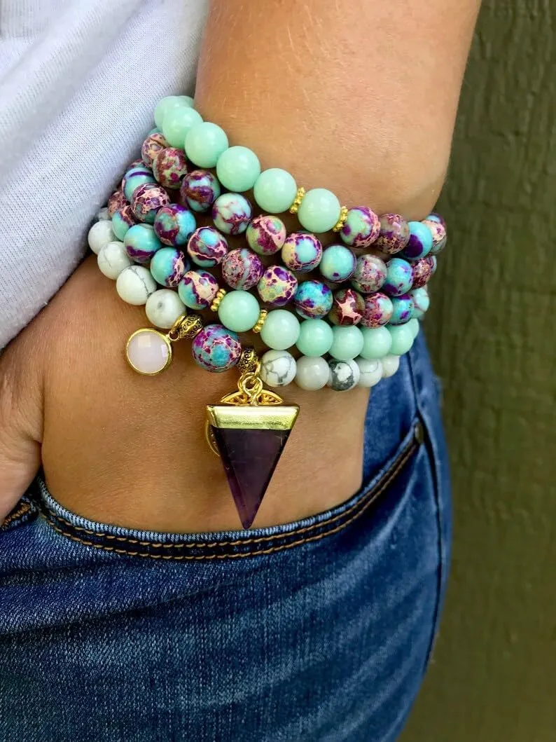 Natural Howlite, Amazonite, purple Emperor Jasper 8mm 108 Mala Beads, Spiritual, Meditation Beads, Reiki, Japa Mala, Buddhist Prayer Beads, Yoga Bracelet, healing beads LKMALA-RRGU-1276