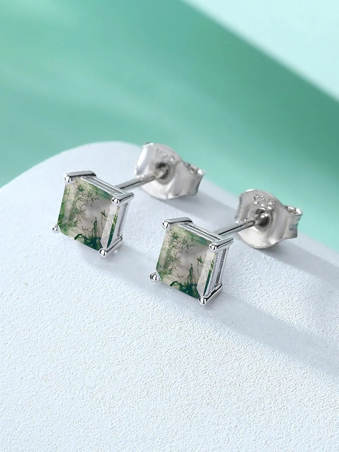 Natural Moss Agate Earring 925 Sterling Silver Stud Earrings for Women Green Gems Anniversary Wedding Party Valentine's Day Mother's Day Gift
