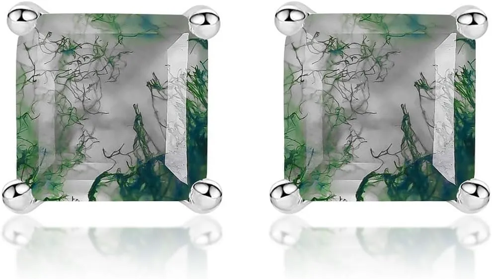 Natural Moss Agate Earring 925 Sterling Silver Stud Earrings for Women Green Gems Anniversary Wedding Party Valentine's Day Mother's Day Gift