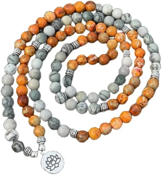 Natural Orange Sea Sediment Jasper 8mm 108 Mala Beads, Spiritual, Meditation Beads, Reiki, Japa Mala, Buddhist Prayer Beads, Yoga Bracelet, healing beads LKMALA-RRGU-39