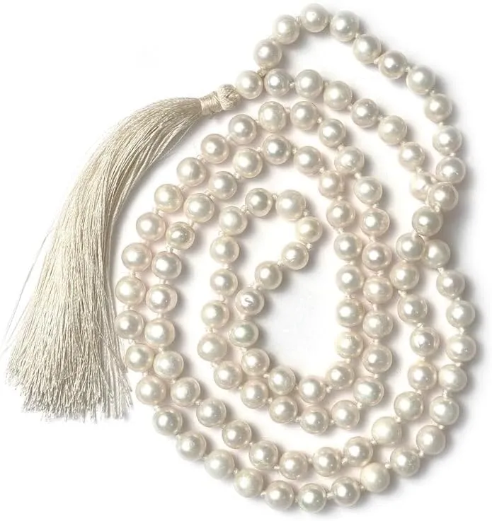 Natural Pearl 6mm 108 Mala Beads, Spiritual, Meditation Beads, Reiki, Japa Mala, Buddhist Prayer Beads, Yoga Bracelet, healing beads LKMALA-RRGU-3148, 34 inch, white