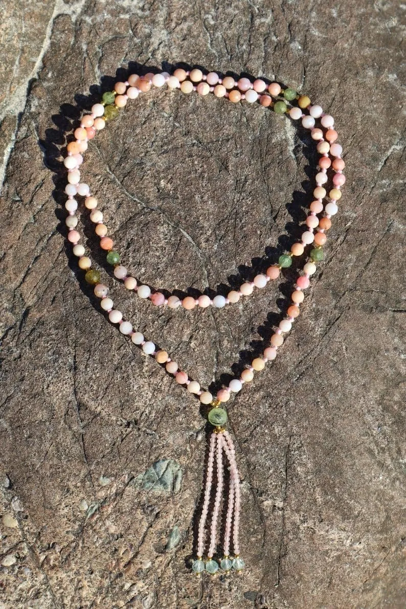 Natural Pink Opal, Green Garnet, and Green Tourmaline 6mm 108 Mala Beads, Spiritual, Meditation Beads, Reiki, Japa Mala, Buddhist Prayer Beads, Yoga Bracelet, healing beads LKMALA-RRGU-2881