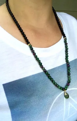 Natural Ruby in Zoisite, black onyx 6mm 108 Mala Beads, Spiritual, Meditation Beads, Reiki, Japa Mala, Buddhist Prayer Beads, Yoga Bracelet, healing beads LKMALA-RRGU-2414