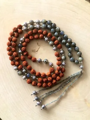 Natural Rudraksha ,labradorite 8mm 108 Mala Beads, Spiritual, Meditation Beads, Reiki, Japa Mala, Buddhist Prayer Beads, Yoga Bracelet, healing beads LKMALA-RRGU-3527