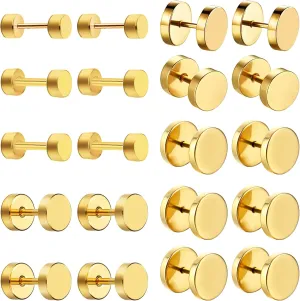 NEWITIN 10 Pairs Black Stud Earrings for Men Faux Gauges Earring Hypoallergenic Earring Ear Tunnel Stainless Steel Dot Earrings for Men Women, 18G Round Ear Studs 3mm-14mm