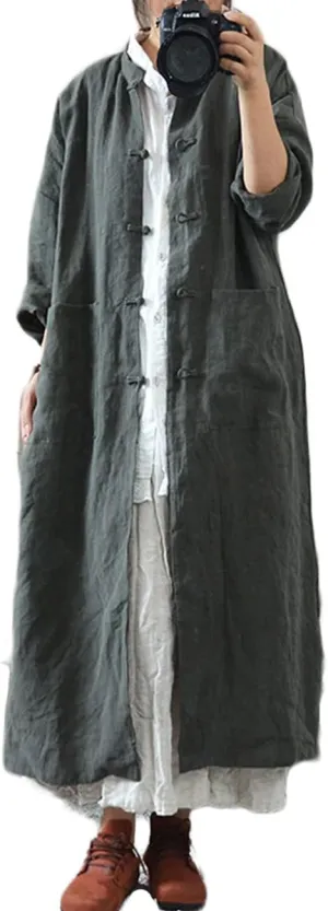 NFYM Women Vintage Cotton Linen Trench Coats Button Stand Solid Color Long Sleeve Pockets Long Jackets