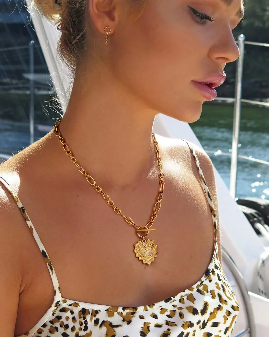 NUZON 18K Gold Plated Love Heart/Eagle Medallion/Puff Heart/CZ Starburst Pendant Necklace for Women Stainless Steel Chain Choker Statement Jewelry