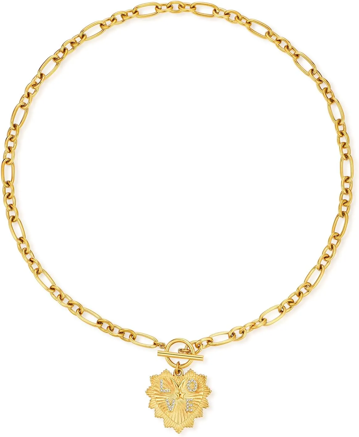 NUZON 18K Gold Plated Love Heart/Eagle Medallion/Puff Heart/CZ Starburst Pendant Necklace for Women Stainless Steel Chain Choker Statement Jewelry