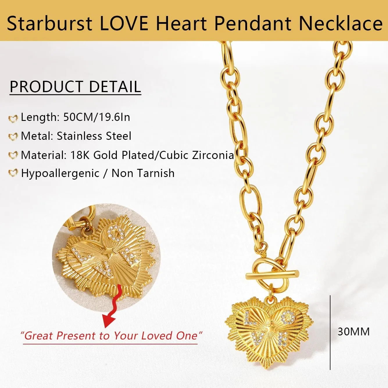 NUZON 18K Gold Plated Love Heart/Eagle Medallion/Puff Heart/CZ Starburst Pendant Necklace for Women Stainless Steel Chain Choker Statement Jewelry