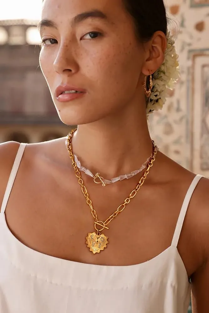 NUZON 18K Gold Plated Love Heart/Eagle Medallion/Puff Heart/CZ Starburst Pendant Necklace for Women Stainless Steel Chain Choker Statement Jewelry