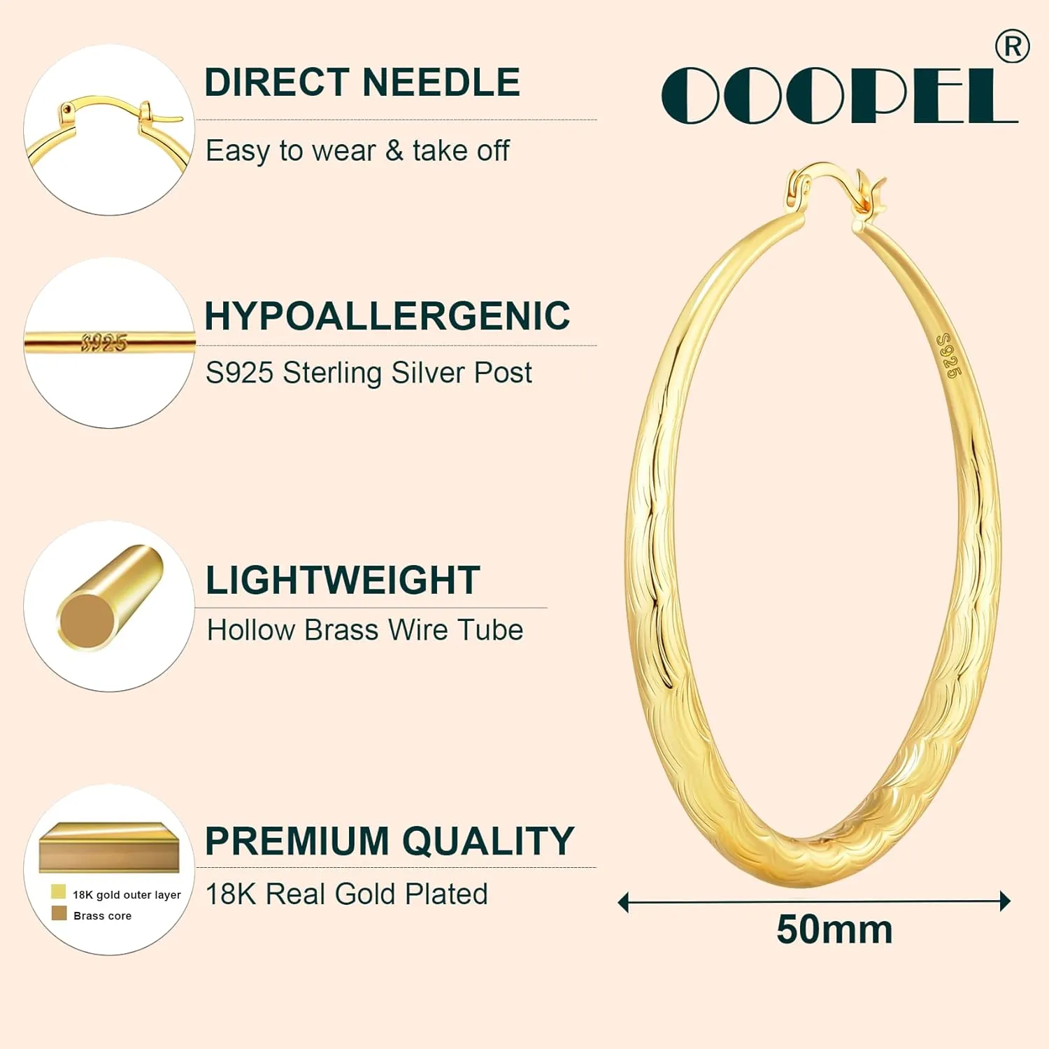OOOPEL 925 Sterling Silver Hoop for Women Gold Hoop Earrings Hypoallergenic Diamond-Cut Ripples Designed - Non Tarnish Large Hoop Earrings(30/40/50/60/70mm)