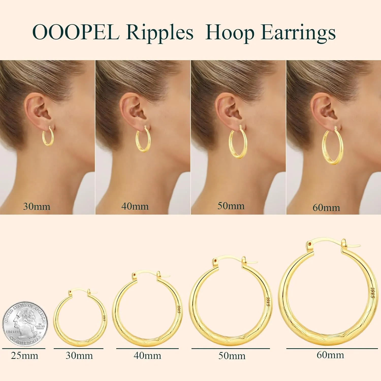 OOOPEL 925 Sterling Silver Hoop for Women Gold Hoop Earrings Hypoallergenic Diamond-Cut Ripples Designed - Non Tarnish Large Hoop Earrings(30/40/50/60/70mm)