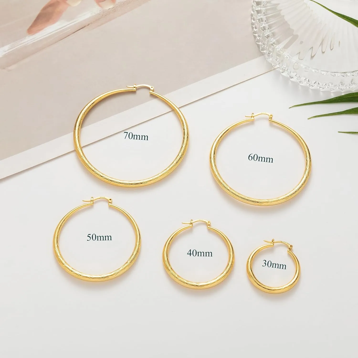 OOOPEL 925 Sterling Silver Hoop for Women Gold Hoop Earrings Hypoallergenic Diamond-Cut Ripples Designed - Non Tarnish Large Hoop Earrings(30/40/50/60/70mm)