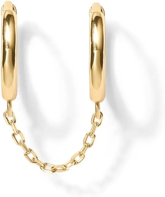 PAVOI 14K Gold Chain Earrings for Women | Double Piercing Dangle Chain Huggie Hoop Earrings | Cubic Zirconia Pearl Stud Ear Cuff Earrings for Women