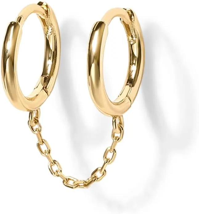 PAVOI 14K Gold Chain Earrings for Women | Double Piercing Dangle Chain Huggie Hoop Earrings | Cubic Zirconia Pearl Stud Ear Cuff Earrings for Women