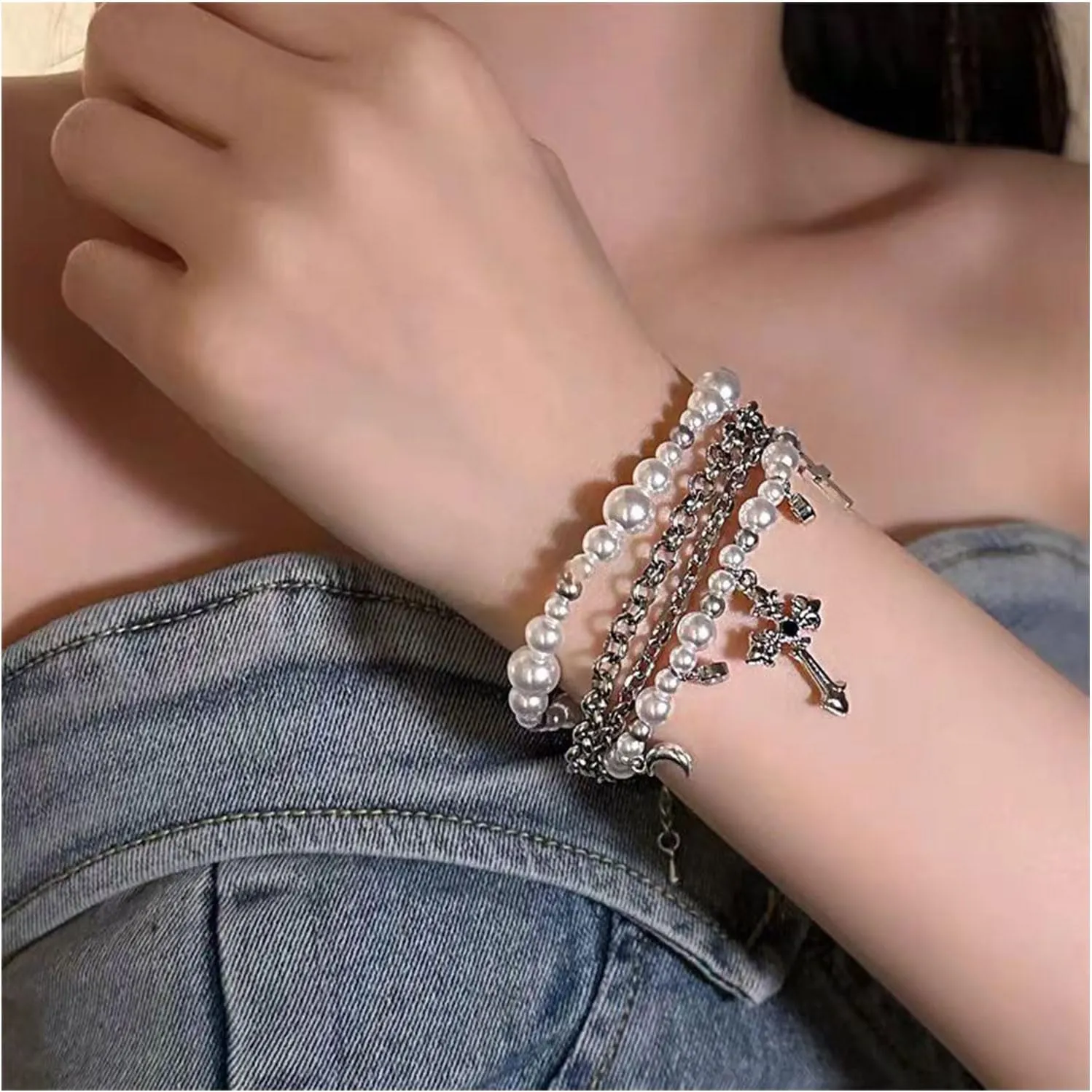 Pearl Bracelet for Women White Pearl Layered Bracelet Chunky Pearl Bracelet